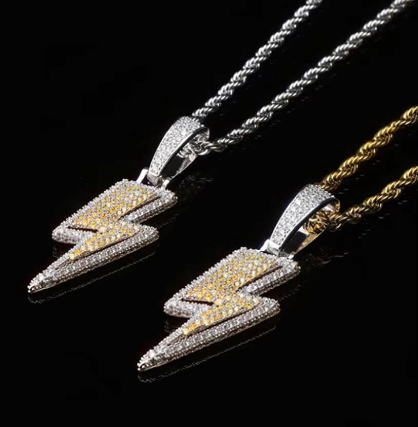 Wholesale Hip Hop Hipster Jewelry Gold Plated Micro Pave AAA CZ Lightning Pendant Necklace