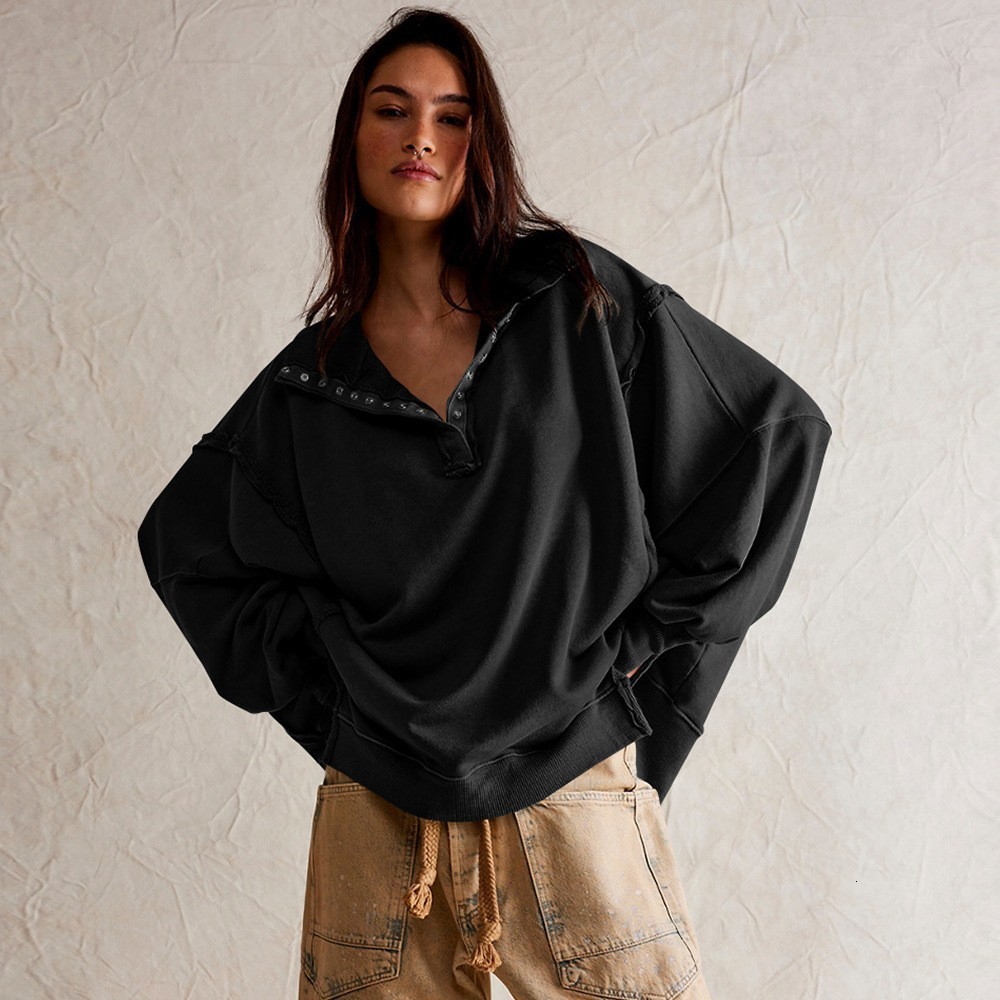2024 Design Sense Womens High Quality Lantern Sleeves Decorative Line Split Collar Loose Sweater 220815