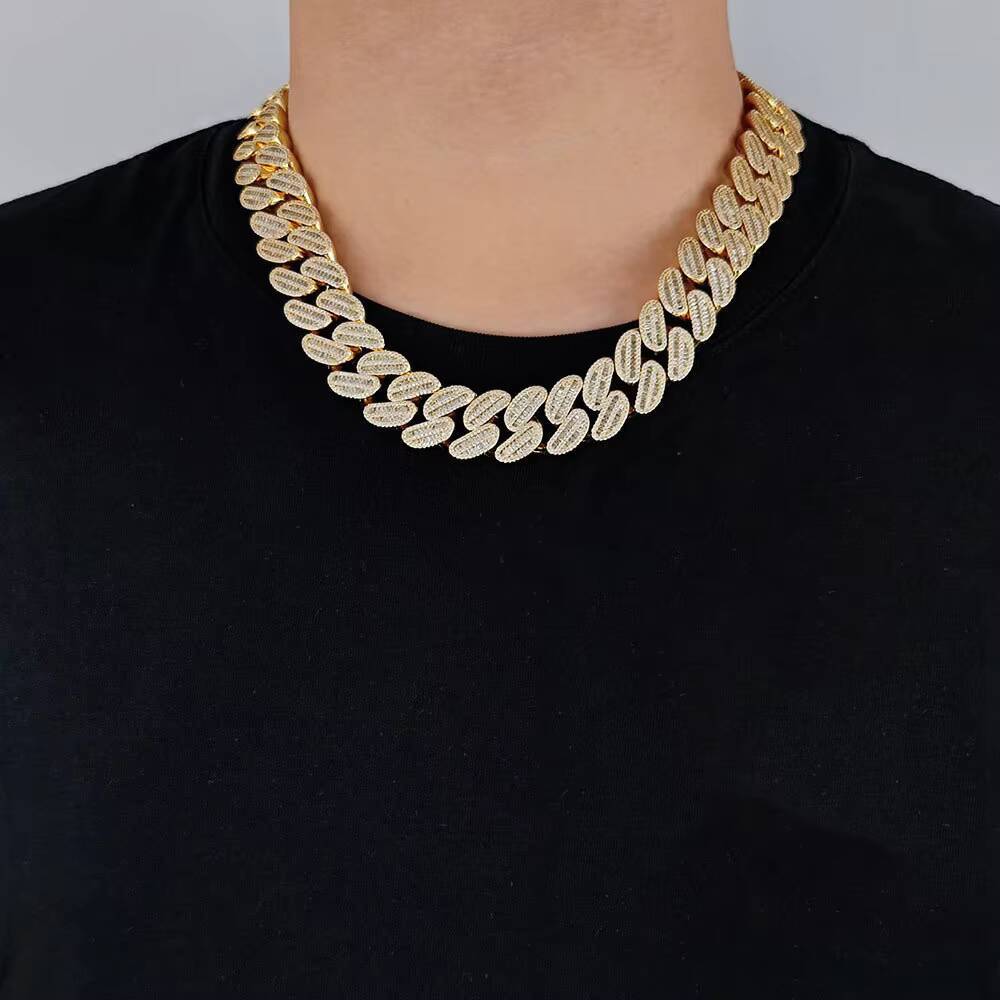 16mm Mix Paved Baguette Diamond Chain 18k Gold Plated Iced Out Two Rows CZ Prong Cuban Necklace