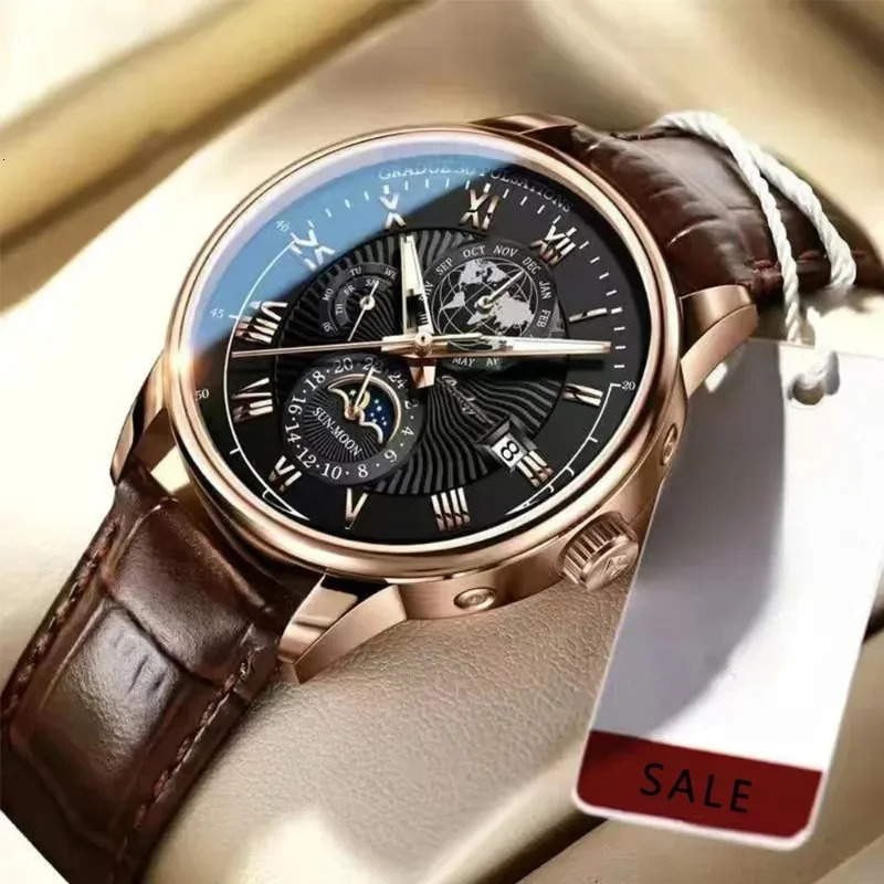 Man Watch Waterproof Chronograph Moon Phase Pattern Luminous Mens Wristwatch Leather Men Quartz Watches Casual Clock 250901