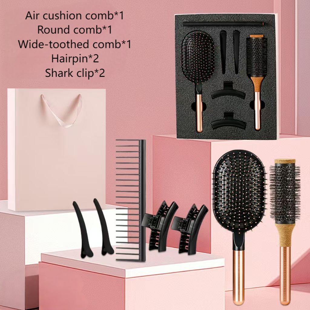 Womens Comb 7 in 1 Set Air Cushion Comb Hair Brushes Wide Tooth Comb Round Hairbrush Designer Hairpin Duckbill Clip Cylindrical Comb Hair Slide Barrette Shark Clip