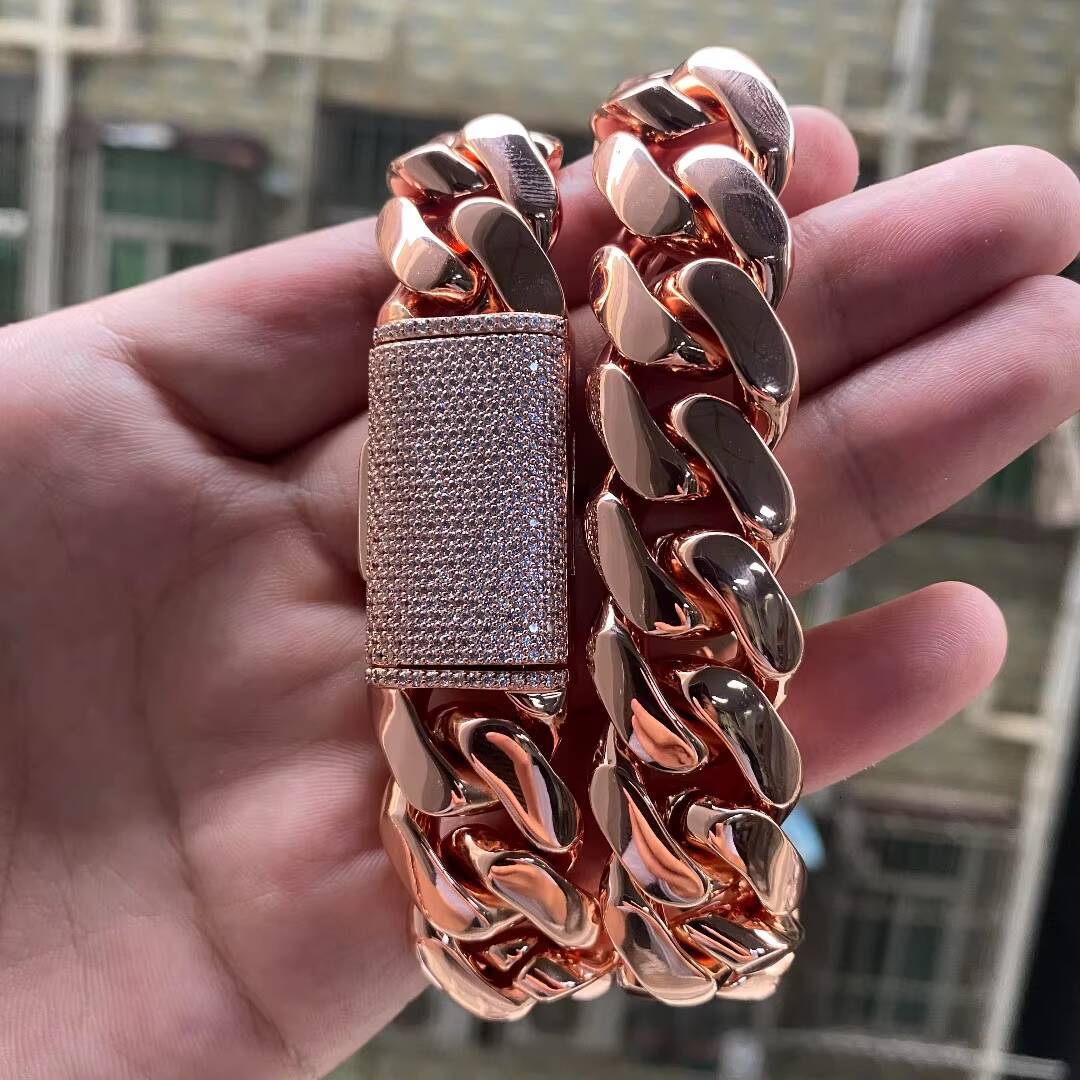 Wholesale Rose Gold Plate Cuban Link Chain Choker Heavy Solid Brass Miami Cuban Chains Bracelet for Men Women Cadena De Oro Rosa