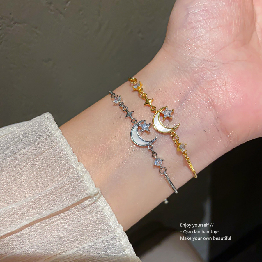 Silver - Toned Moon & Star Crystal Bracelet Dreamy Celestial Detail, Dainty for Daily or Romantic Wrist Styling, High - Quality Accessory