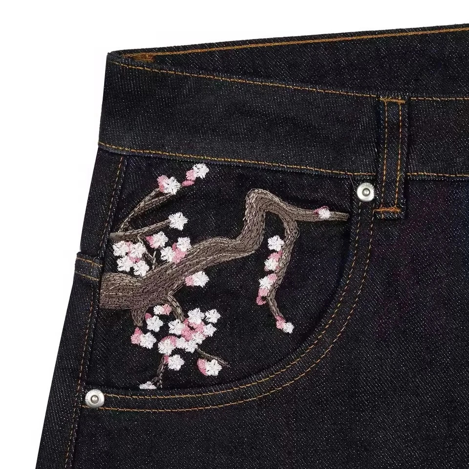 Mens Womens Vintage Sakura Jeans Y2K Clothes Harajuku Gothic Hip Hop Sakura Embroidery Baggy Jeans Black Pants Wide Leg Trousers 250901