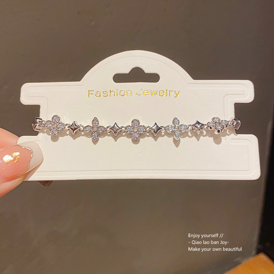 Silver - Toned Bracelet with Clover and Star - Shaped Crystal Detail, Elegant for Daily or Special Occasions, Charming Fashion Jewelry