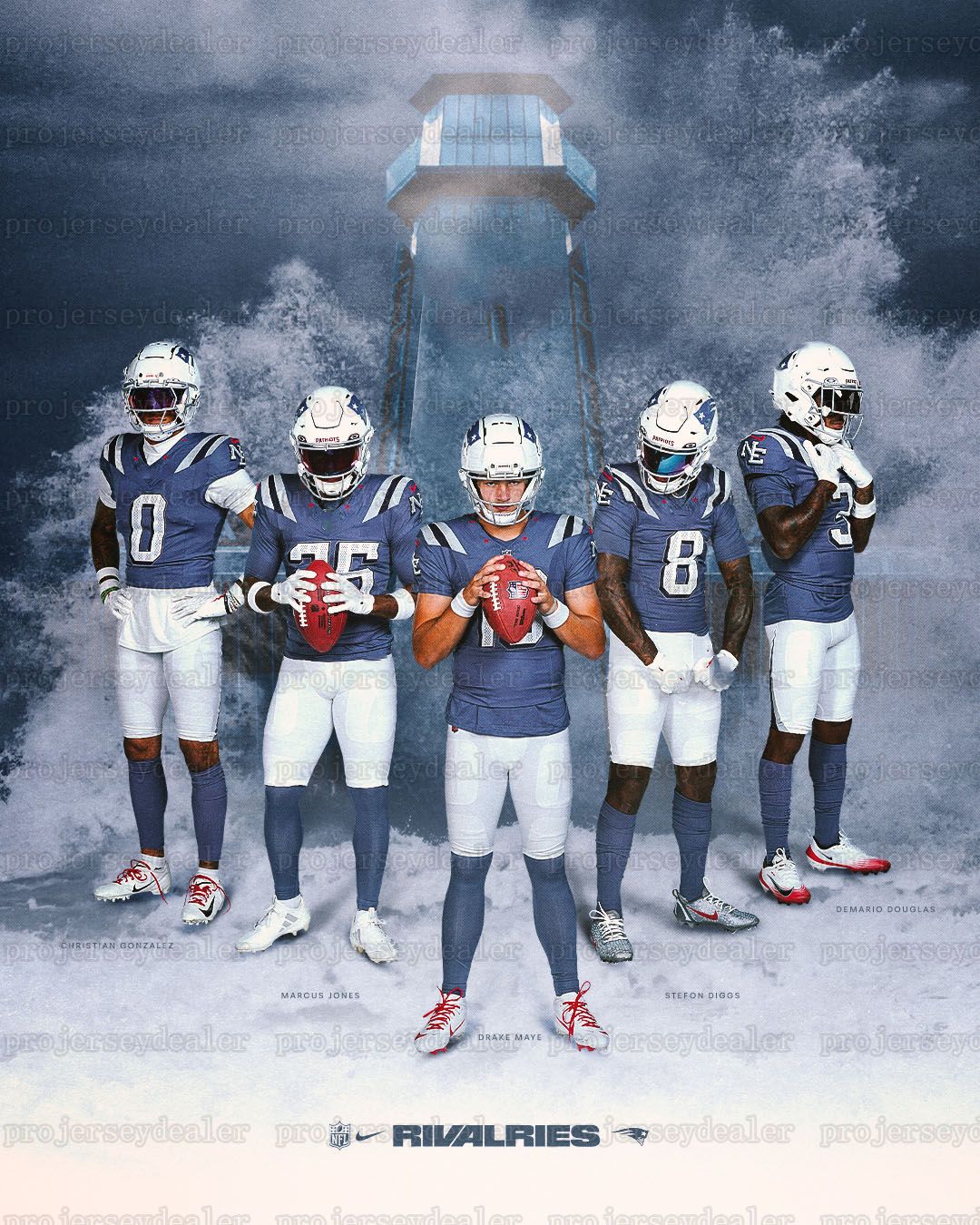 Custom 2025 Rivalries Jerseys Drake Maye Rhamondre Stevenson Hunter Henry Jahlani Tavai Stefon Diggs Christian Gonzalez 12 Brady Mike Vrabel