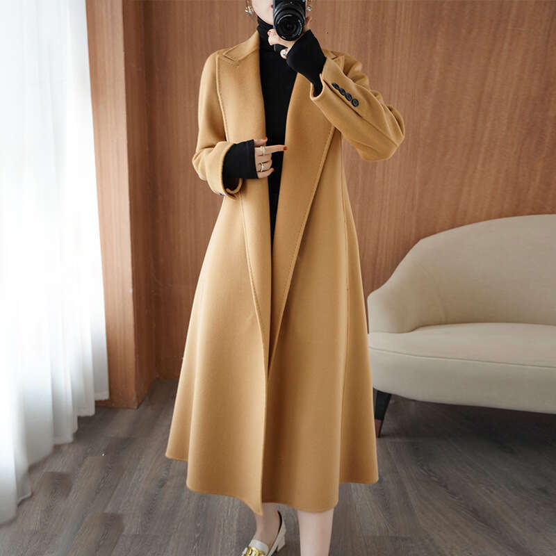 Camel Double-Sided Cashmere for Women, Long Style with Tie, Korean Version, Loose Straight Cut, New Autumn and Winter Woolen Coat