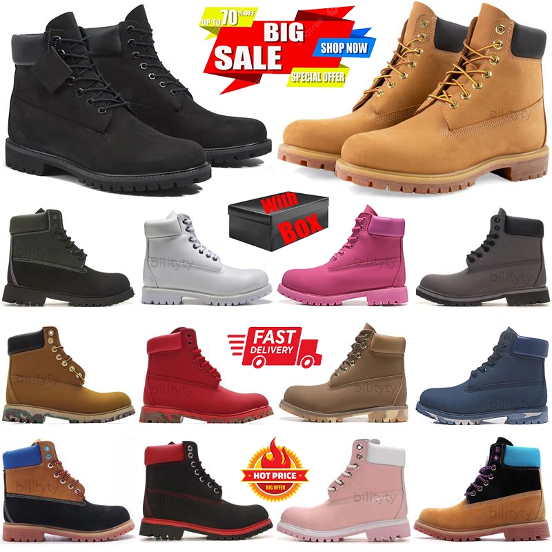 With Box 6 Inch Classic Wheat Leather Designer Boots Woman Fashion Womens Boots Mens Booties Brown Cowboy Cowgirl Pink Red Army Green Ankle Winter Snow Boot 36-45