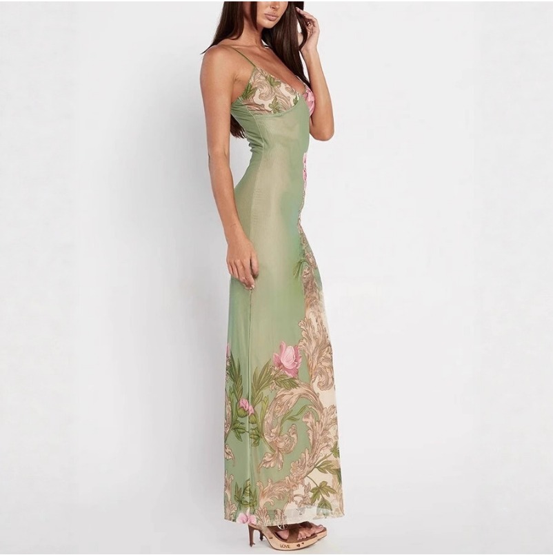 (692) Summer New Women's Suspender Style Printed Large Skirt Sexy Sleeveless Long Skirt