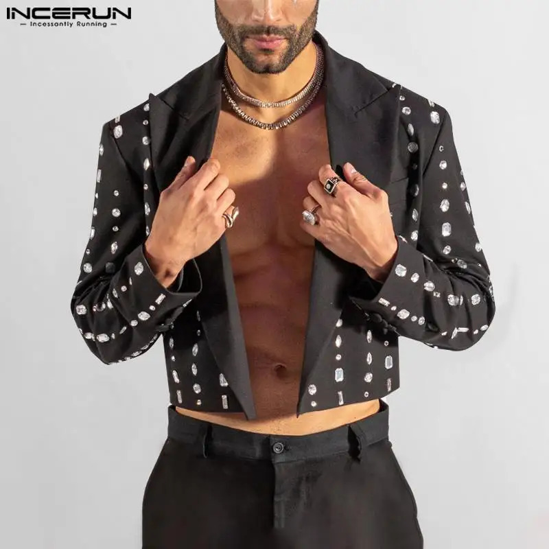 INCERUN Men Cropped Blazer Lapel Collar V Neck Open Front Long Sleeve Diamond Printed Party Wear Office Business Suit 250901