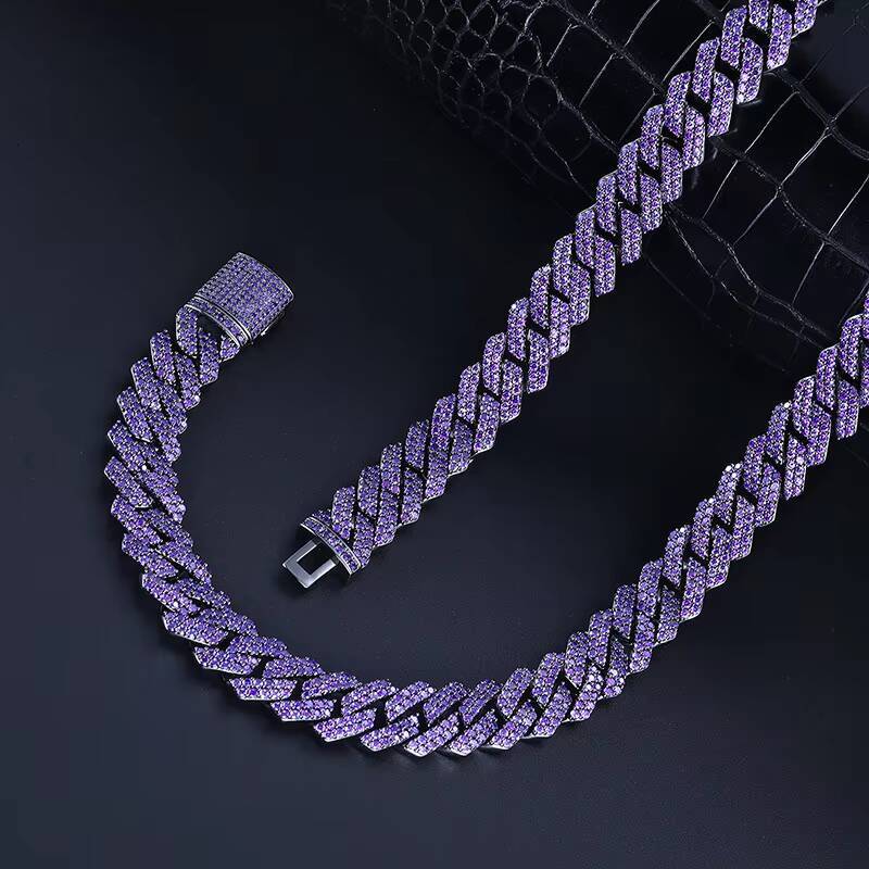 15MM Iced Out Miami Cuban Necklace Gun Black Plated Paved Purple Diamond CZ Prong Cuban Link Chain