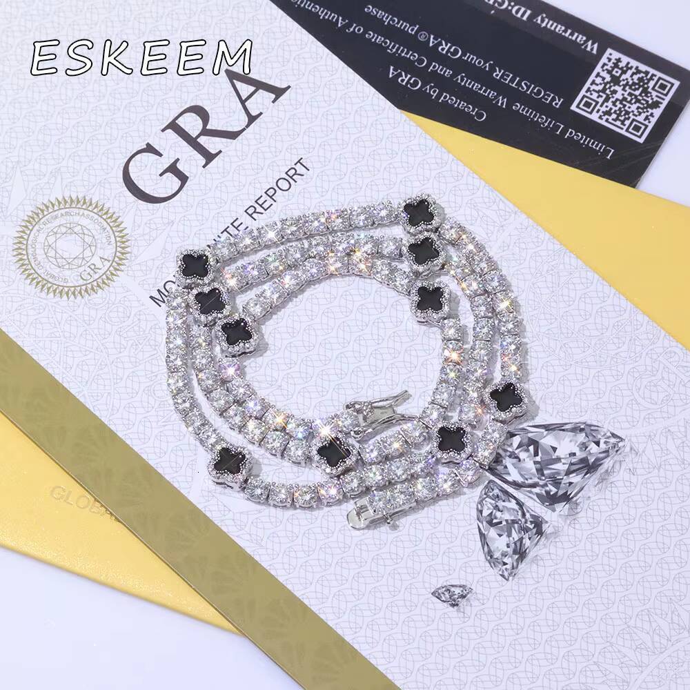 New Arrival 925 Sterling Silver Hip Hop VVS Moissanite 4mm Clover Tennis Chain Necklace Gold Plated Fashion Gift