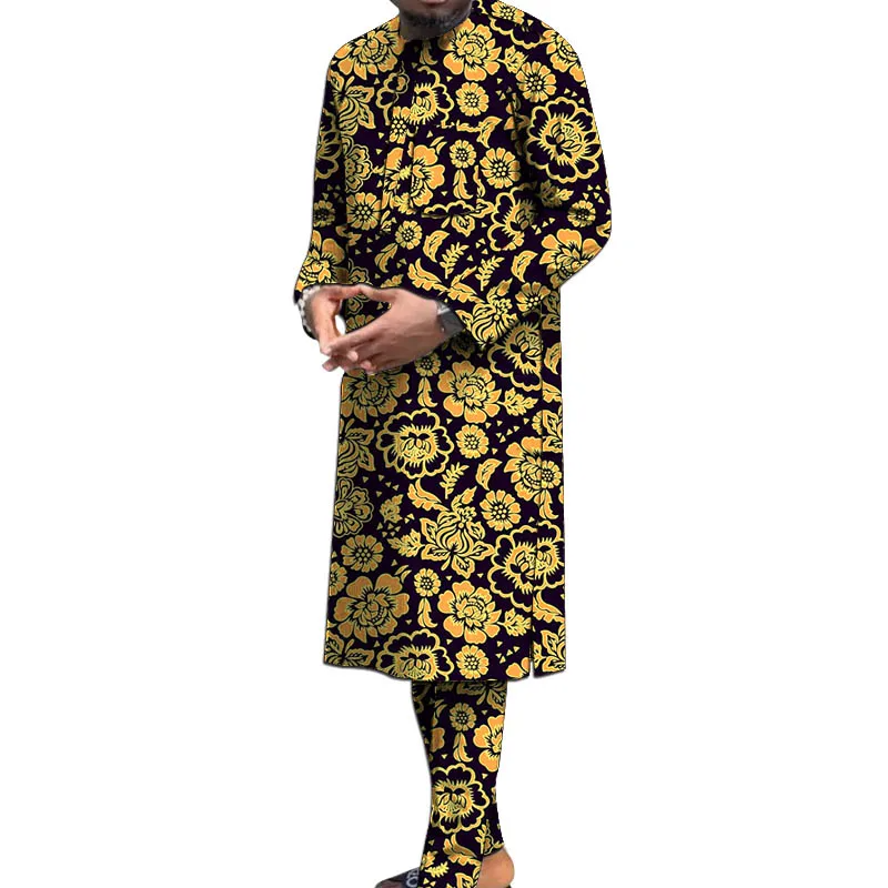Nigerian Print Men's Set Long Sleeve Shirt & Pant Traditional Robe African Couture Male Wedding/Party Groom Suit