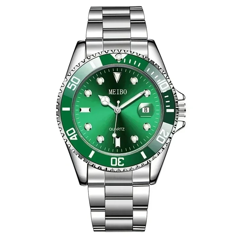 1pc Men Silver Stainless Steel Water Proof Automatic Luminous Rotatable Bezel Mens Watches 250901