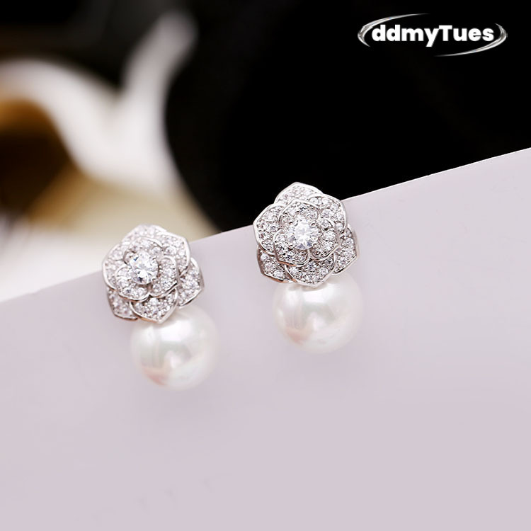 Elegant Freshwater Camellia Flower Earrings for Women Dia Zircon Stud Ball Pearl Earring Fashion Wedding Jewelry Nice Gift ddmythur