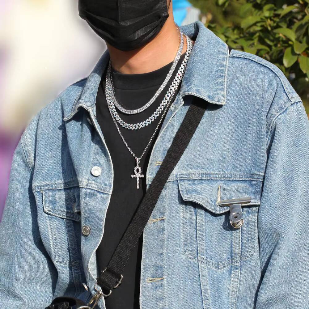 Wholesale 9mm Blue CZ Diamond Necklace Iced Out Bling Rapper Cuban Link Chain for Dropshipping