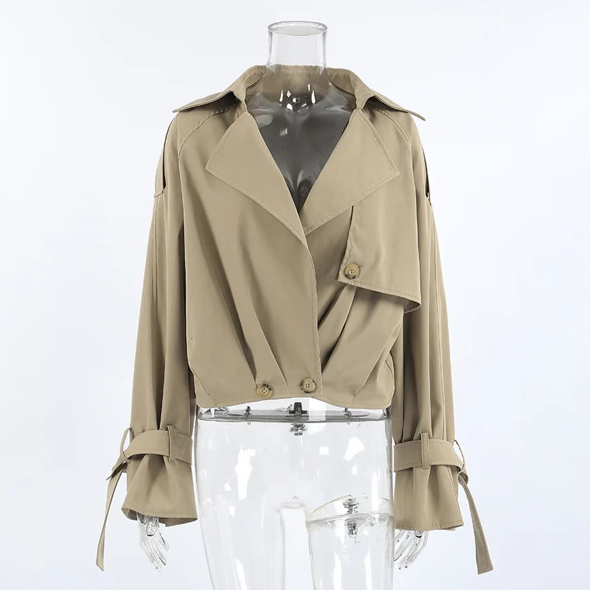 Chic Khaki Double Breasted Short Trench Coat For Woman Causal Lapel Pleated Loose Jackets 2025 Autumn Outerwear Tops Female 250901