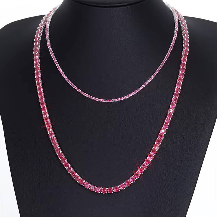 XingGuang Tennis Chain Fine Jewelry 3mm 4mm 5mm Width Ruby Necklace 925 Solid Silver Ruby Red Corundum Tennis ChainBracelet