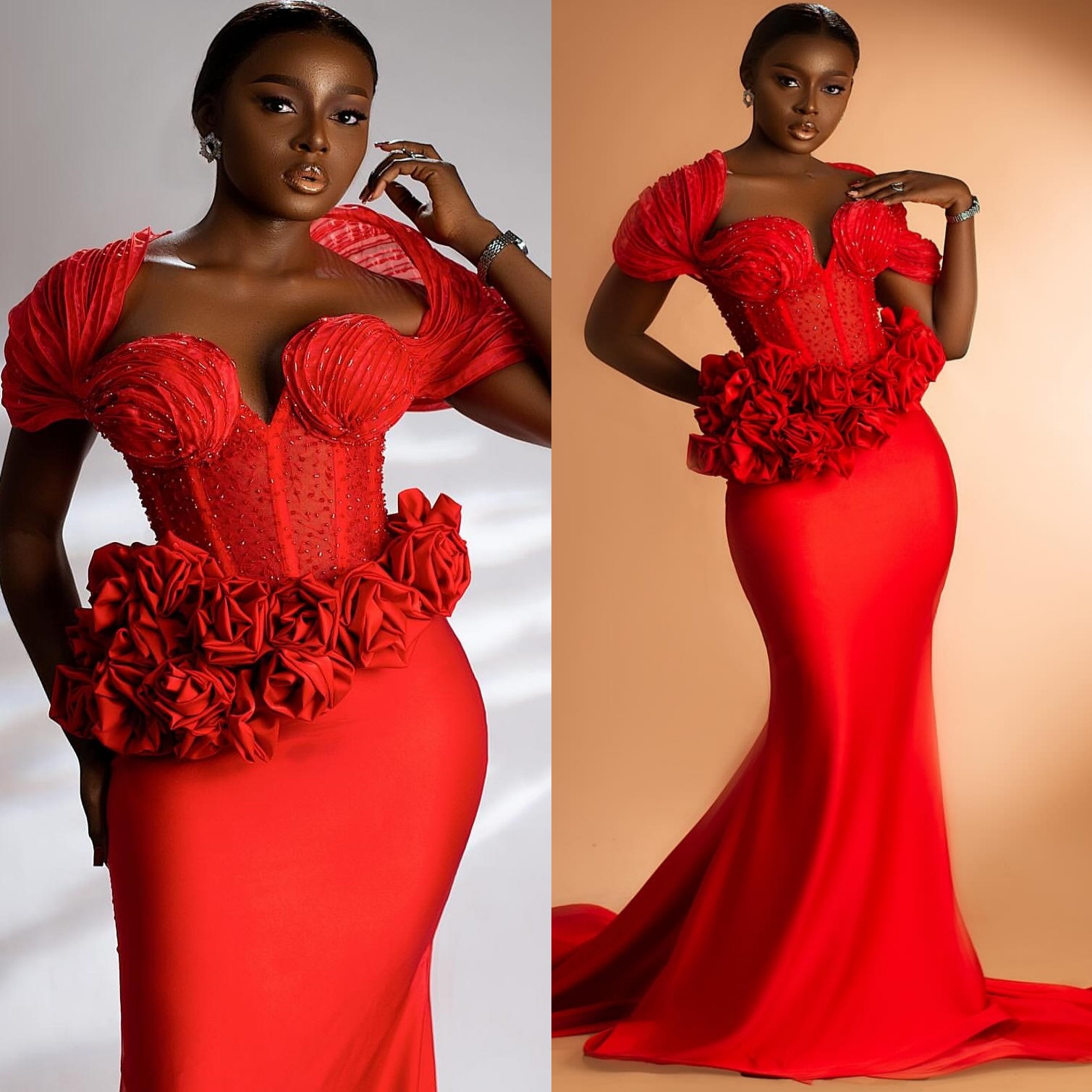 Aso Ebi Red Mermaid Prom Dresses 2025 Beaded Flowers Portrait Evening Formal Party Second Birthday Engagement Gowns Plus Size Dress For Special Occasi