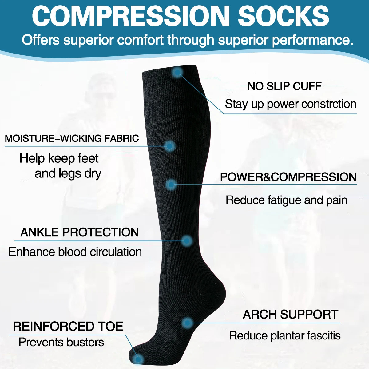 6 Pairs Solid Color Compression Socks Nurse Compression Socks Black Skin Color 250901
