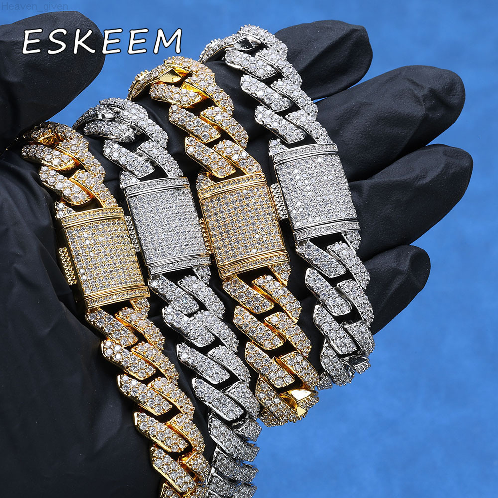 Eskeem 925 Sterling Silver VVS Moissanite 15mm 2 Rows Cuban Link Bracelet Brilliant Shining Jewelry Diamond Test Passed