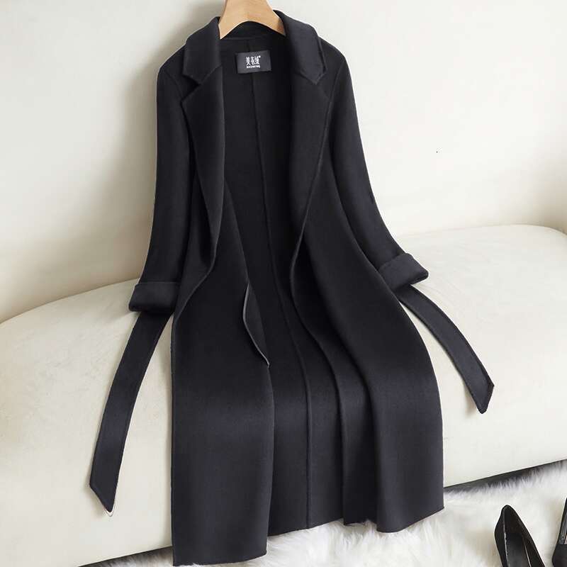 Double-Sided Cashmere for Women, Mid-Length, 2024 Autumn/Winter New Style, High-End Feel, Elegant Waist-Cinching, Coffee Color Woolen Coat