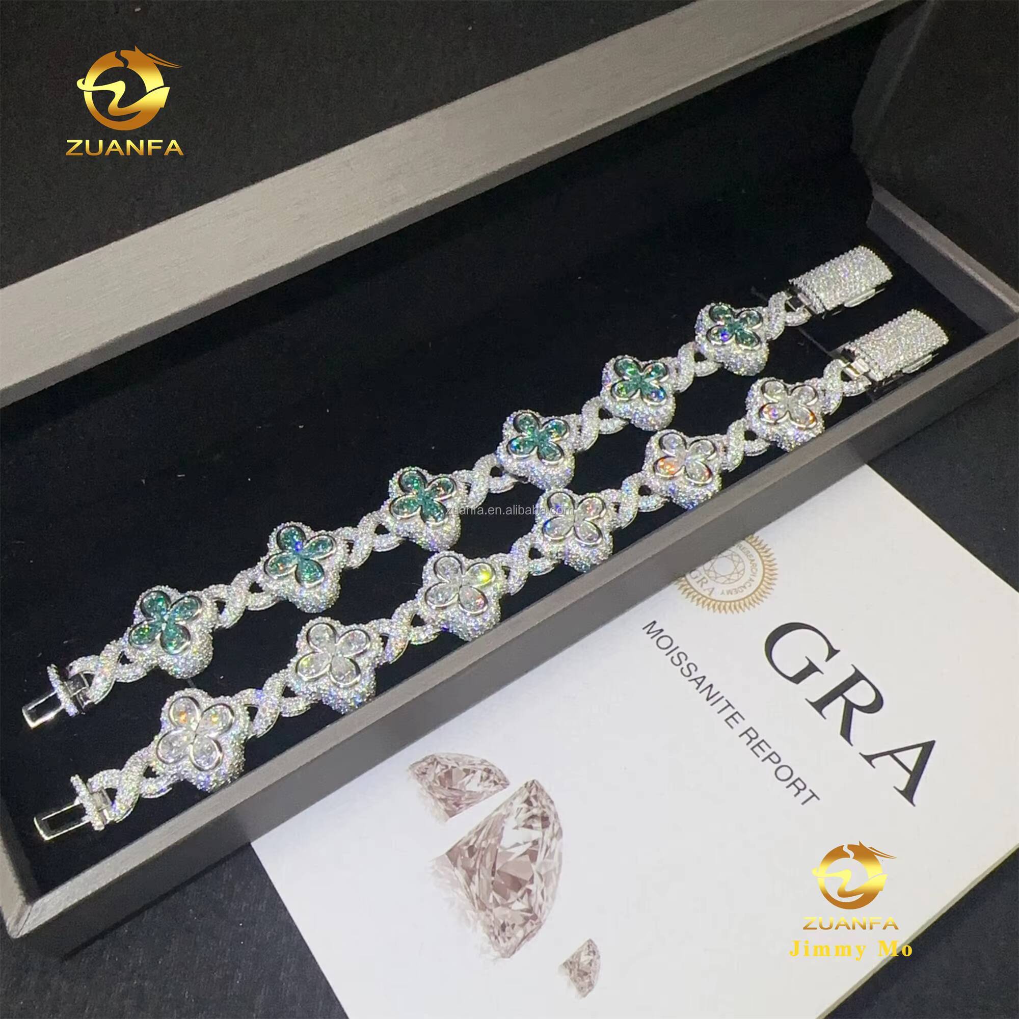 New Arrivals Popular 18mm Pear Flower Design Hip Hop Jewelry Iced Out Blue Green Moissanite Infinity Cuban Link Bracelet Men