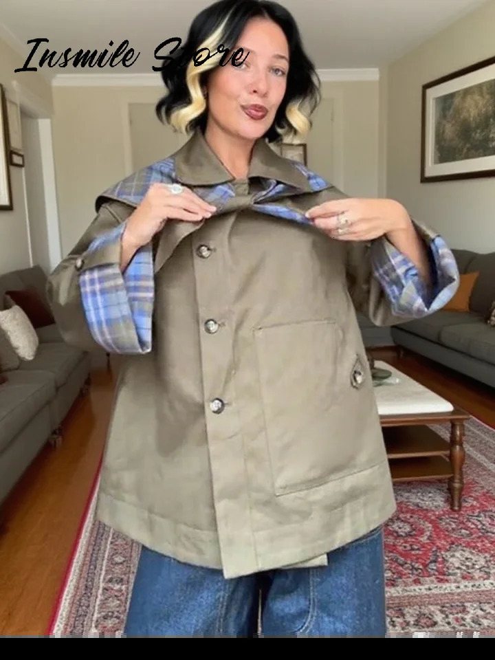 Chic Plaid Double Side Coats Women Lapel Single Breasted Long Sleeve Pocket Lace Up Jacket 2025 Autumn Lady Casual Outwear 250901