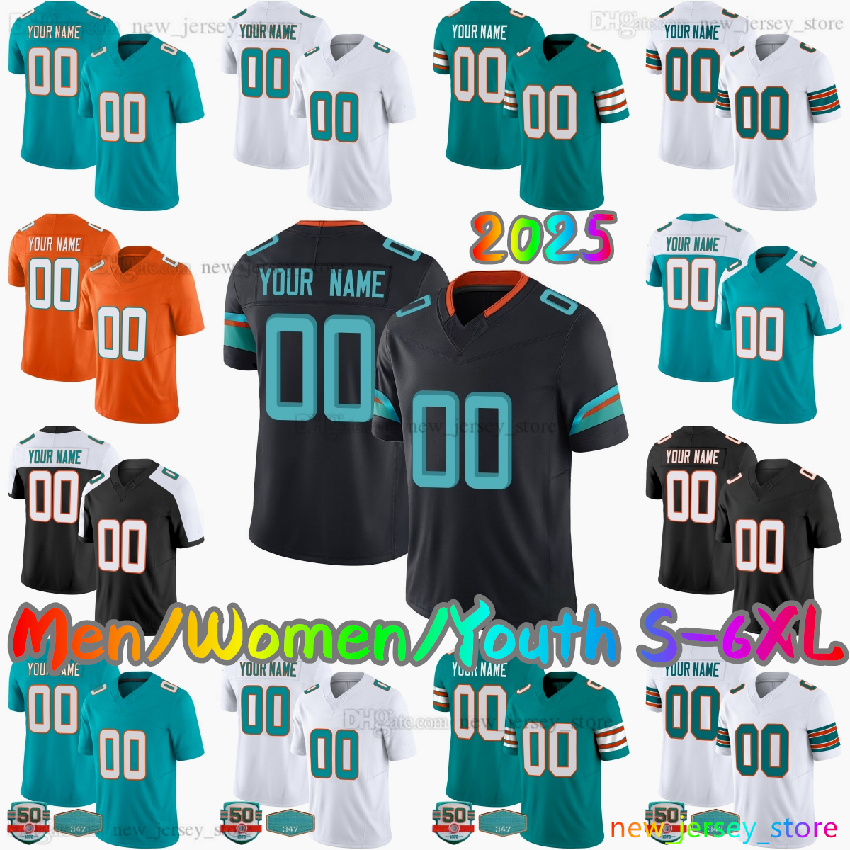 2025 Custom S-6XL DIY 1 Tua Tagovailoa Football Jersey 10 Tyreek Hill 14 Quinn Ewers 0 Zach Wilson 17 Jaylen Waddle 5 Jalen Ramsey 13 Dan Marino 16 Bailey Stitched Jerseys