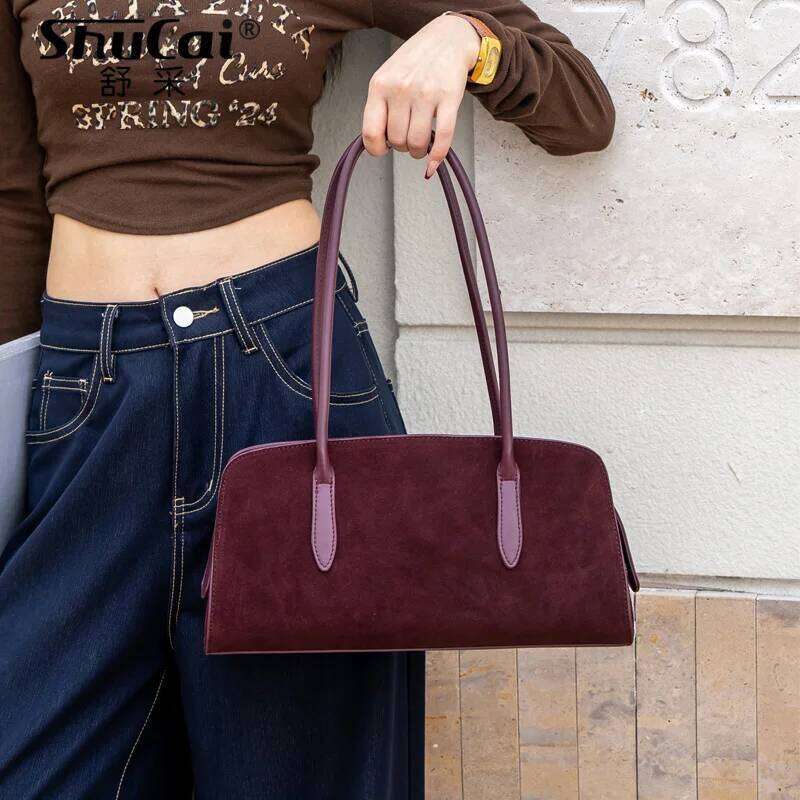 Matte Suede Genuine Cow Leather Big Women's Shoulder Bag Designer High Quality Huge Commute Travel Ladies Handbag Cowhide