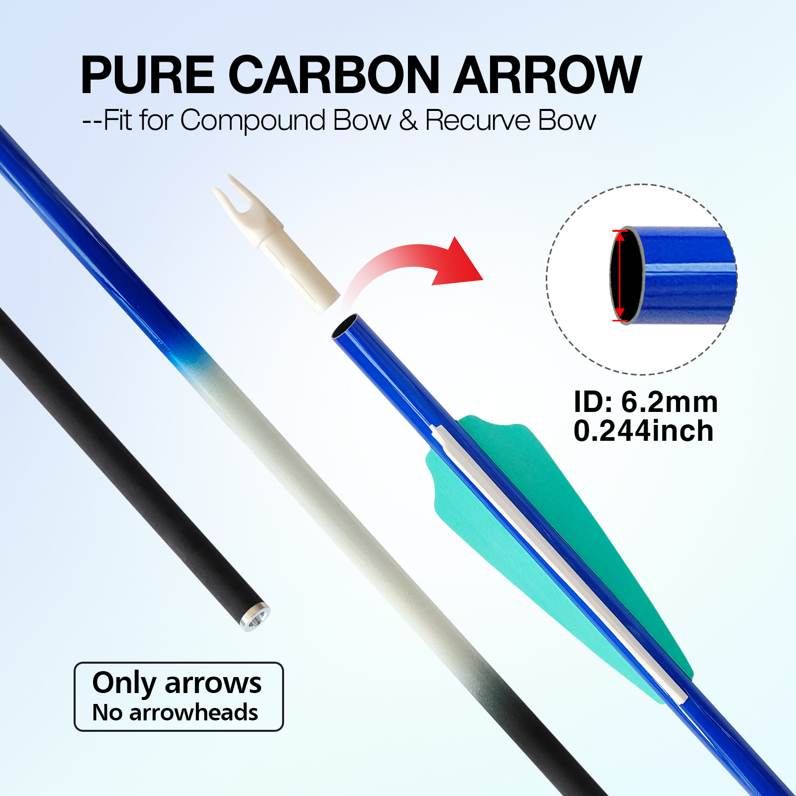 New Arrival ID 6.2mm Carbon Targeting Arrows Gradient Arrow Shaft 31inch Training Arrows for Recurve Bow & Compound Bow Spine 350-1300 12Pcs, 6Pcs