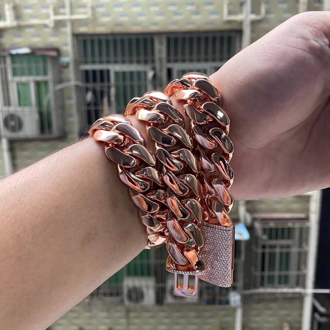 Wholesale Rose Gold Plate Cuban Link Chain Choker Heavy Solid Brass Miami Cuban Chains Bracelet for Men Women Cadena De Oro Rosa
