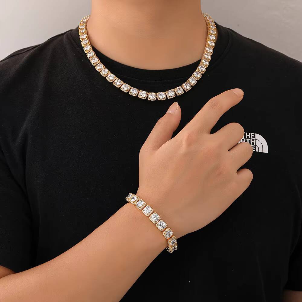 10mm Solid Back CZ Necklace 18k Gold Plated Jewelry Iced Out Diamond Clustered Tennis Chain