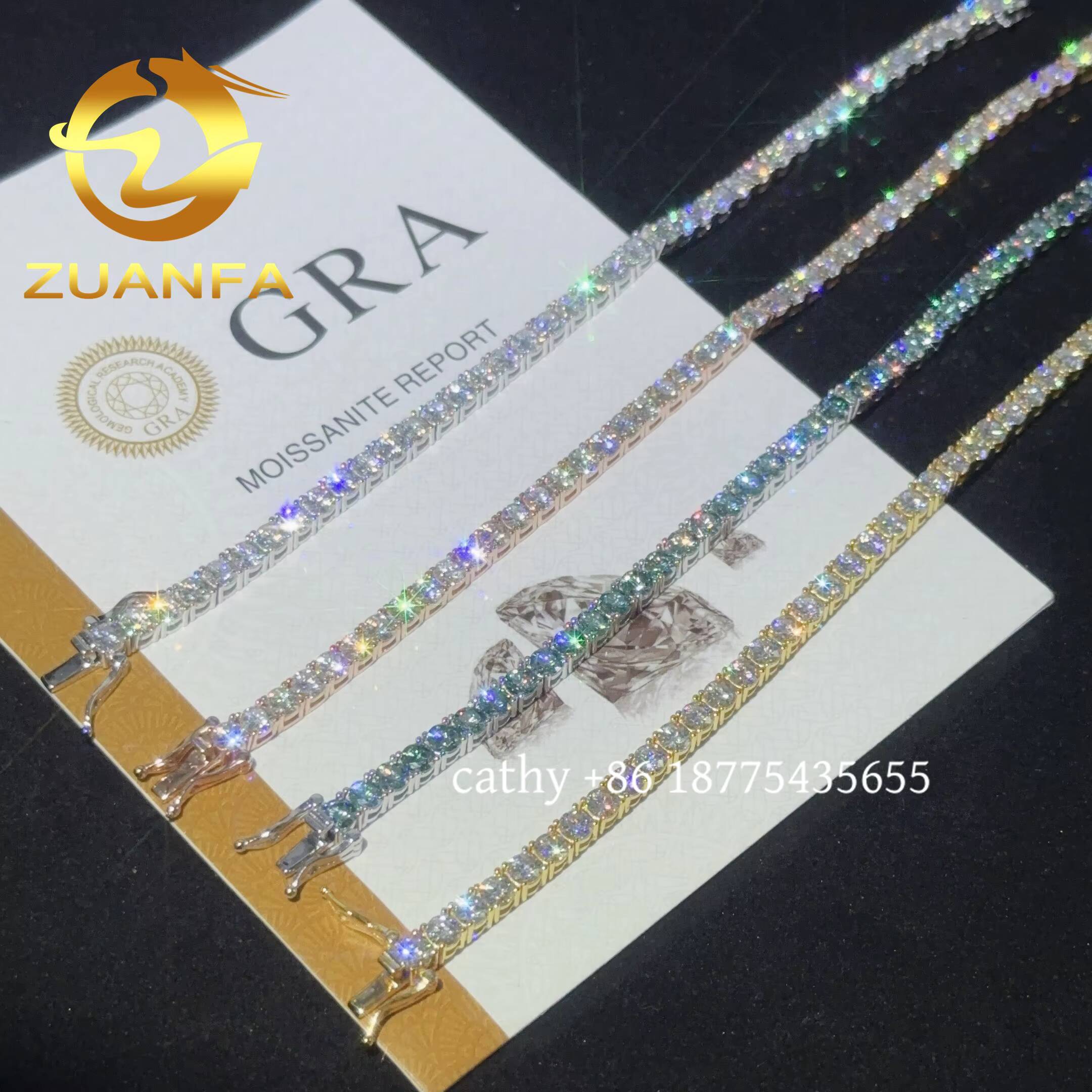 Pass Diamond Test Blue Green 3mm 4mm Moissanite Tennis Bracelet Silver 925 Hip Hop Tennis Bracelet for Men Women