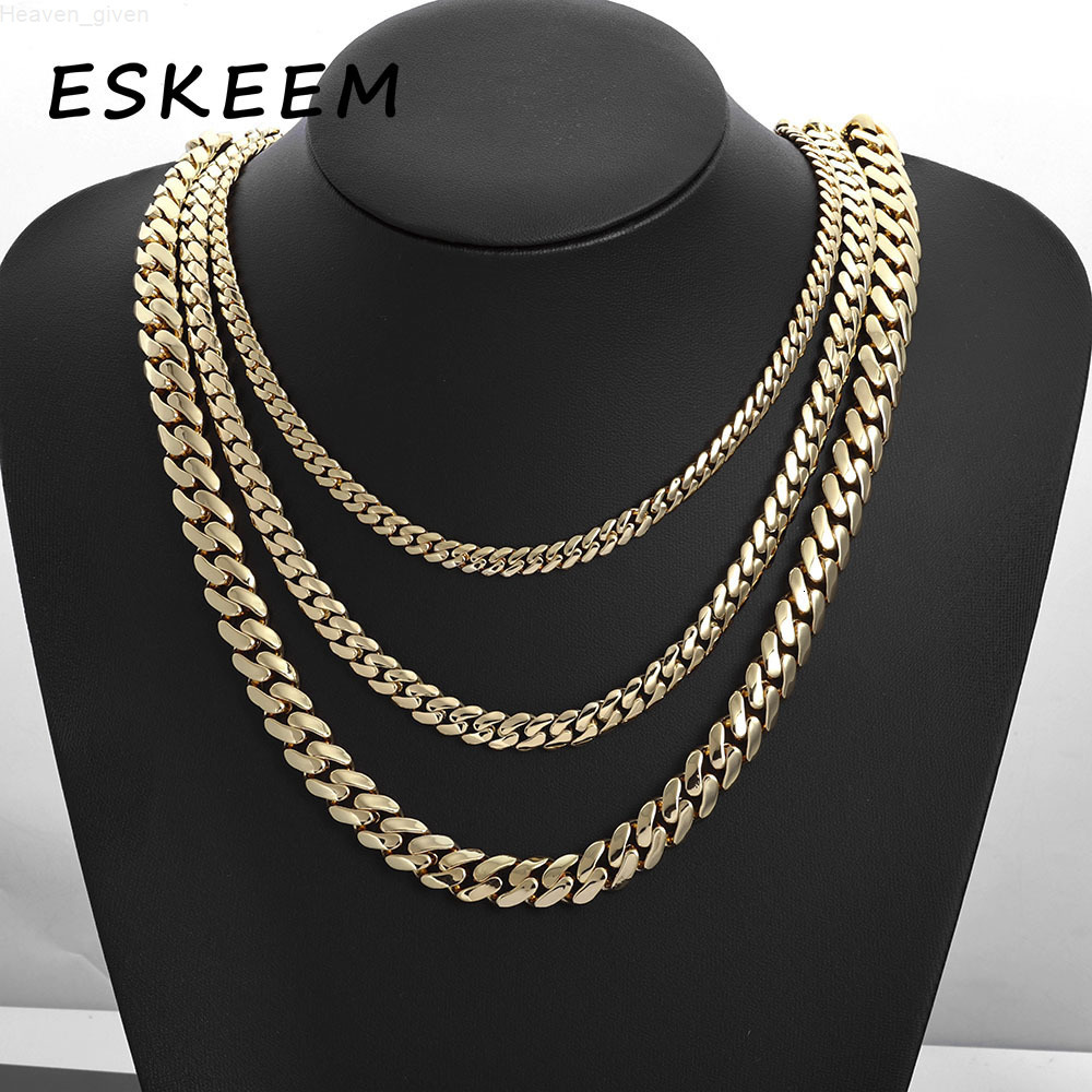 Eskeem Luxury Iced Out Cuban Link Necklace 6-10mm 14K Gold Plated Monaco 925 Silver VVS Moissanite Clasp Smooth Finish Chain