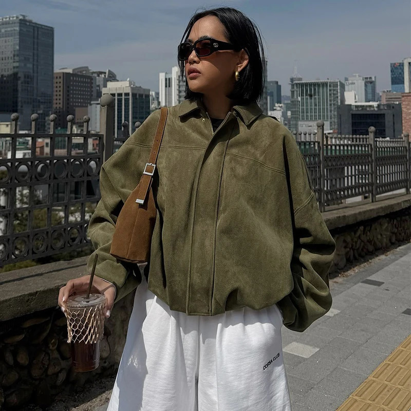 HXAO Womens Bomber Jacket Lapel Long Sleeve Zipper Suede Jacket Women High Street Cropped Racing Jackets Coats Outerwears 250901