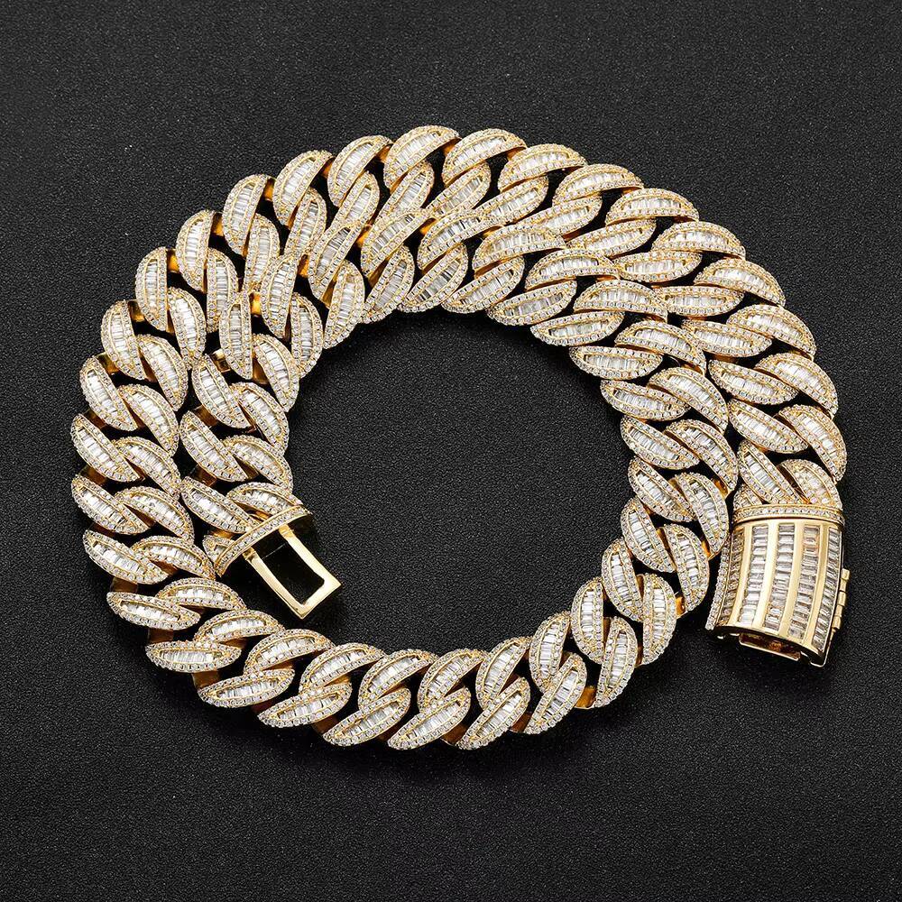 Hip Hop Men Chunky Necklace Iced Out Bling CZ Thick Heavy 15mm Baguette Prong Cuban Link Chain