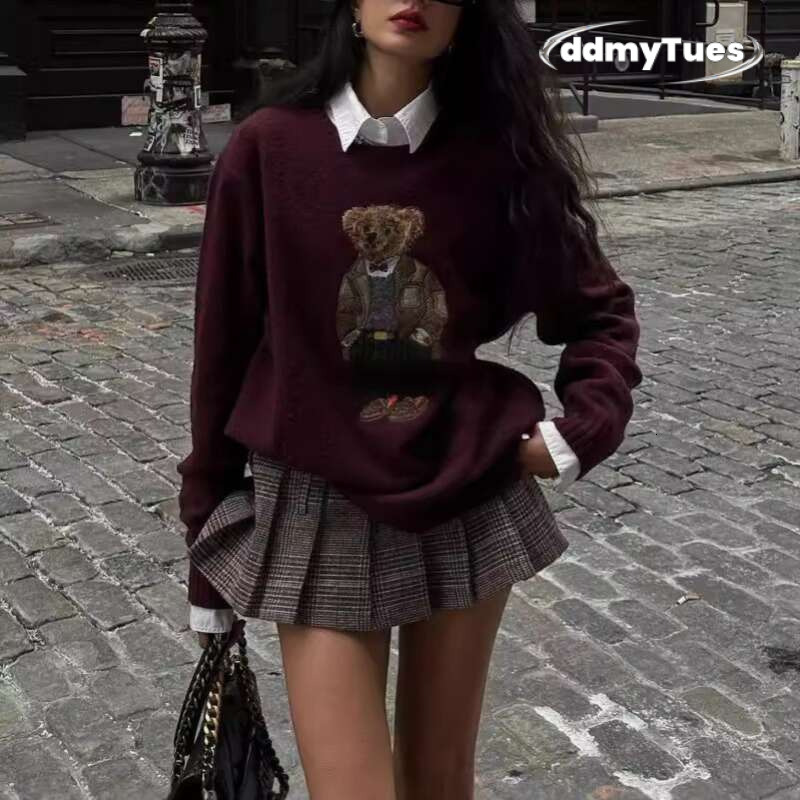 Autumn&Winter New Women's Clothing Teddy Bear Embroidery Round Neck Slim Fit Cartoon College Style Knitted Sweater Top ddmythur ddmythur ddmythur