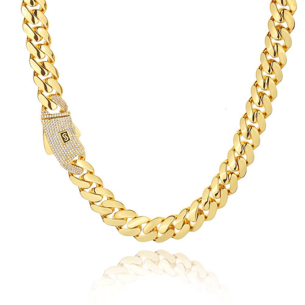 Eskeem Luxury Iced Out Cuban Link Necklace 6-10mm 14K Gold Plated Monaco 925 Silver VVS Moissanite Clasp Smooth Finish Chain