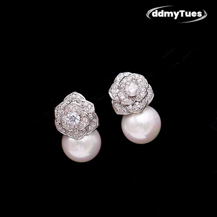 Elegant Freshwater Camellia Flower Earrings for Women Dia Zircon Stud Ball Pearl Earring Fashion Wedding Jewelry Nice Gift ddmythur