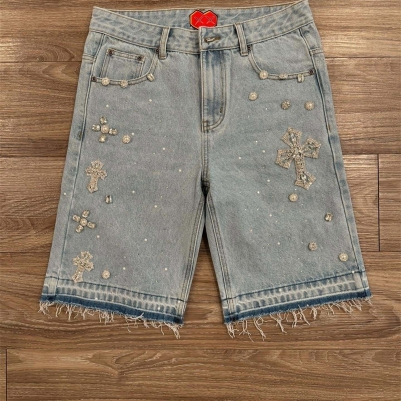 Y2K Gothic Diamond Cross Embroidery Denim Shorts American Retro Blue Gym Shorts Rhinestone Streetwear Hip Hop Men Women Jorts 250901