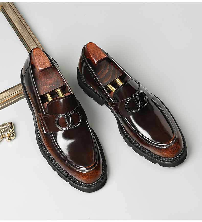 Loafers men's genuine leather new style with one foot shiny leather thick sole British men's business formal leather shoes