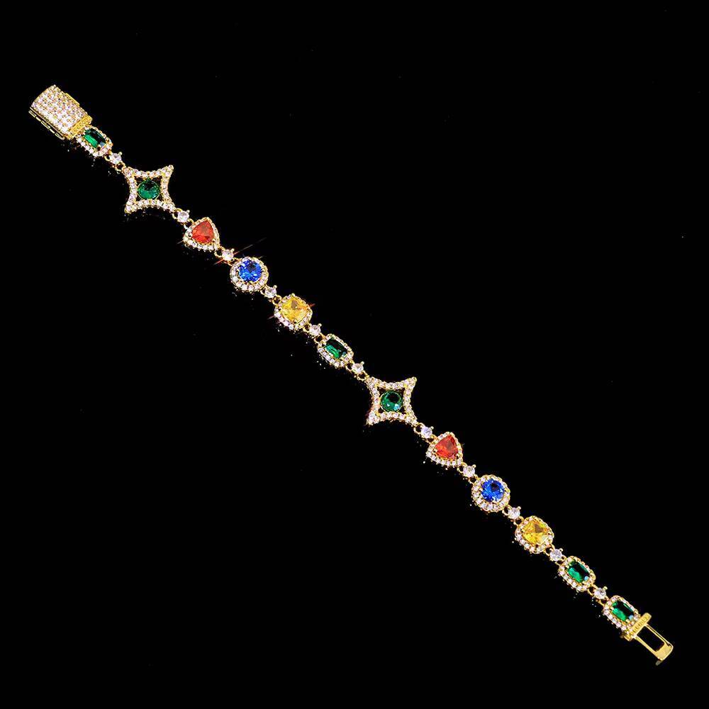 Eskeem Hip Hop Geometric Bracelet Colorful Gemstone Link Chain Multicolored Cubic Zirconia Bling Jewelry Gift