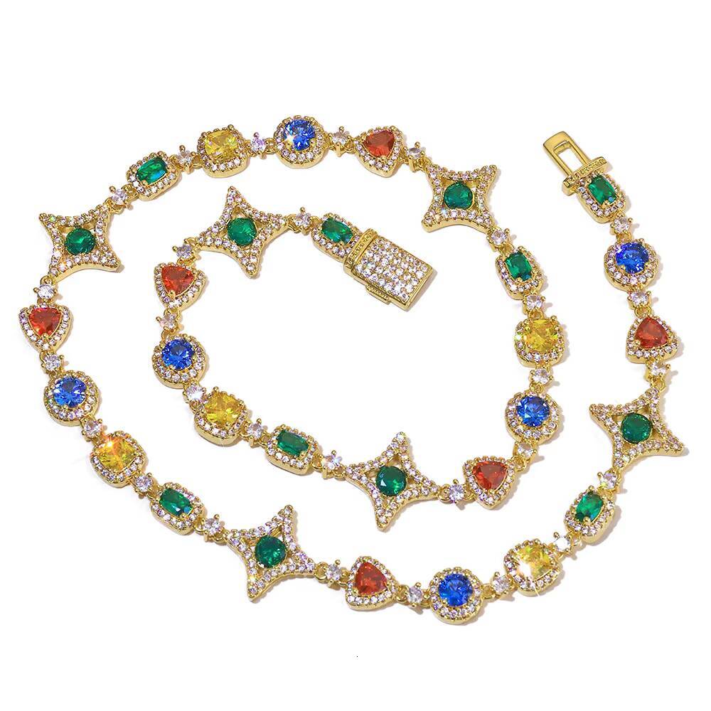 Eskeem Womens Colorful Gemstone Geometric Link Necklace Multicolored Cubic Zirconia Stones Bling Hip Hop Jewelry