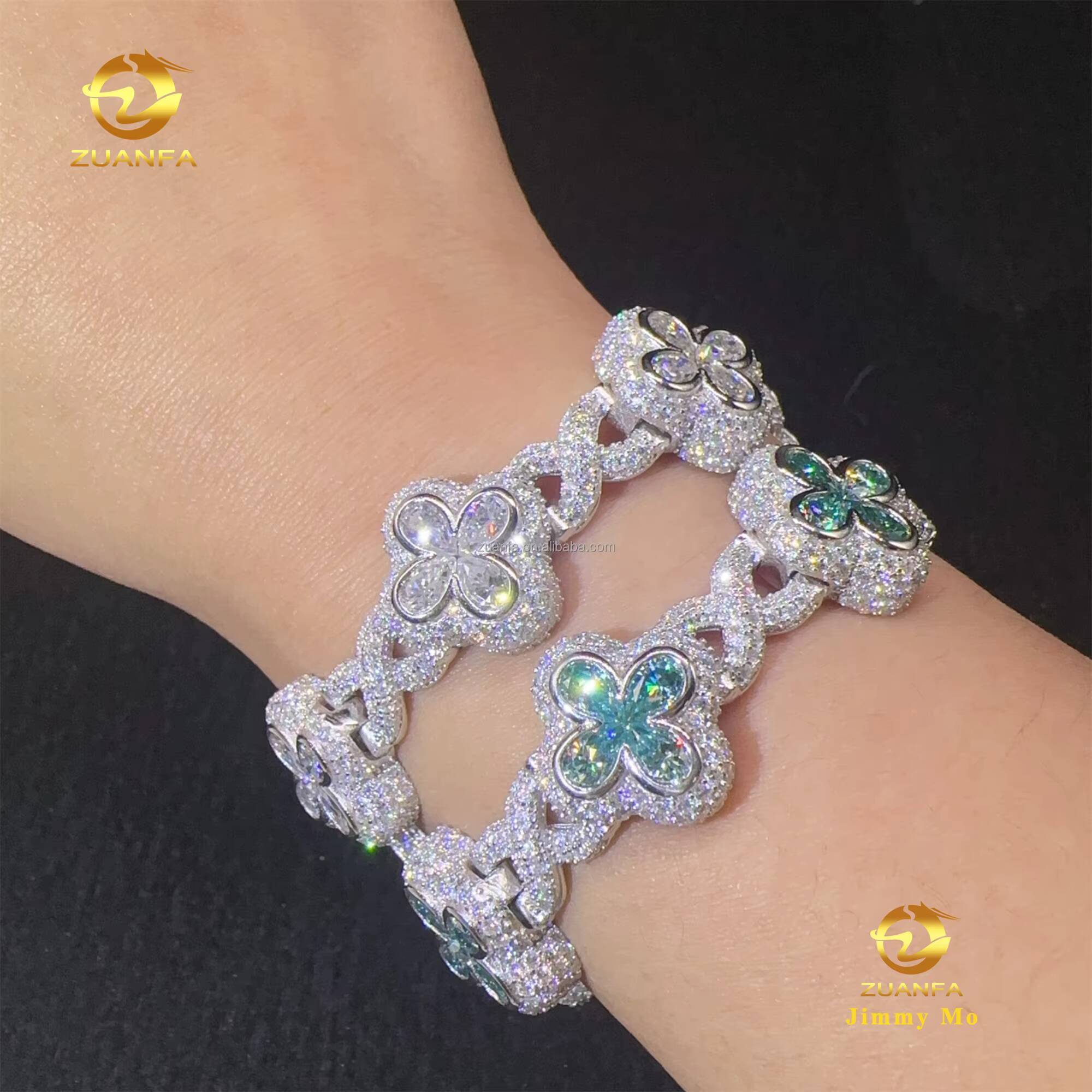New Arrivals Popular 18mm Pear Flower Design Hip Hop Jewelry Iced Out Blue Green Moissanite Infinity Cuban Link Bracelet Men