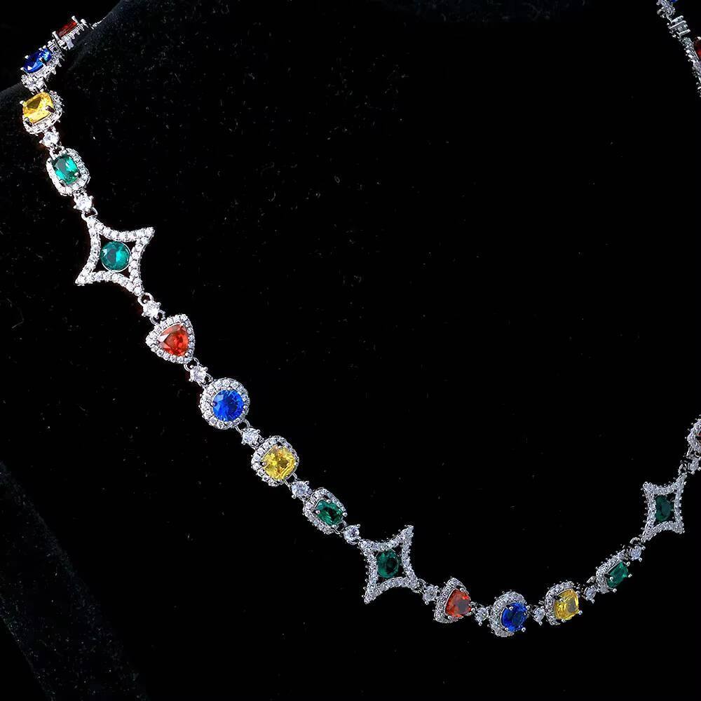 Eskeem Womens Colorful Gemstone Geometric Link Necklace Multicolored Cubic Zirconia Stones Bling Hip Hop Jewelry
