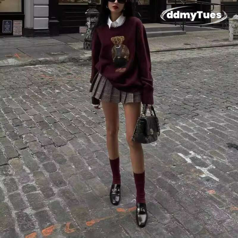 Autumn&Winter New Women's Clothing Teddy Bear Embroidery Round Neck Slim Fit Cartoon College Style Knitted Sweater Top ddmythur ddmythur ddmythur
