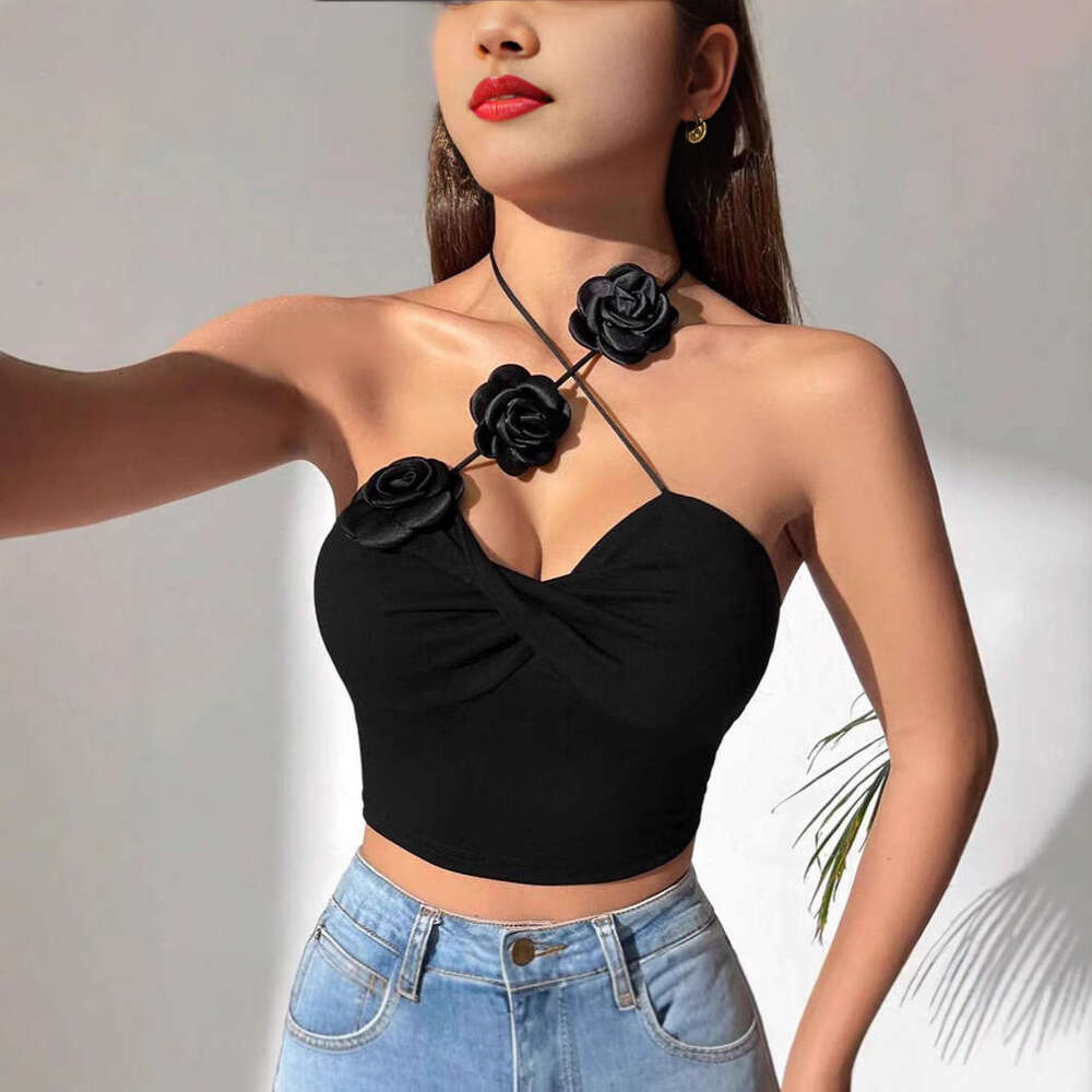 Pure Desire Summer Three-Dimensional Lace-Up Rose Flower Pin Tie Vest for Women French Style Hot Girl Halter Top