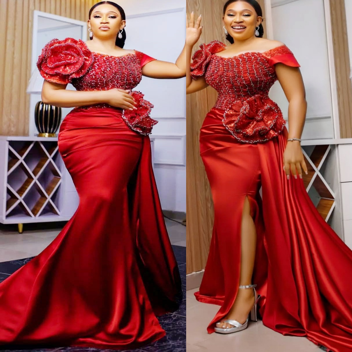 Aso Ebi Red Mermaid Prom Dresses 2025 Flowers Beaded Satin Elegant Evening Formal Party Second Birthday Engagement Gowns Plus Size Dress For Special O