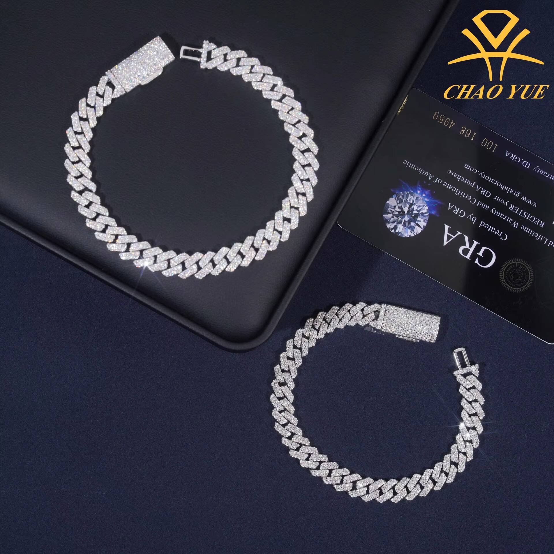 High Quality 8mm 925 Silver Moissanite Cuban Bracelet and Necklace Set Two Rows Stone CrossBorder Hiphop Style Personalized